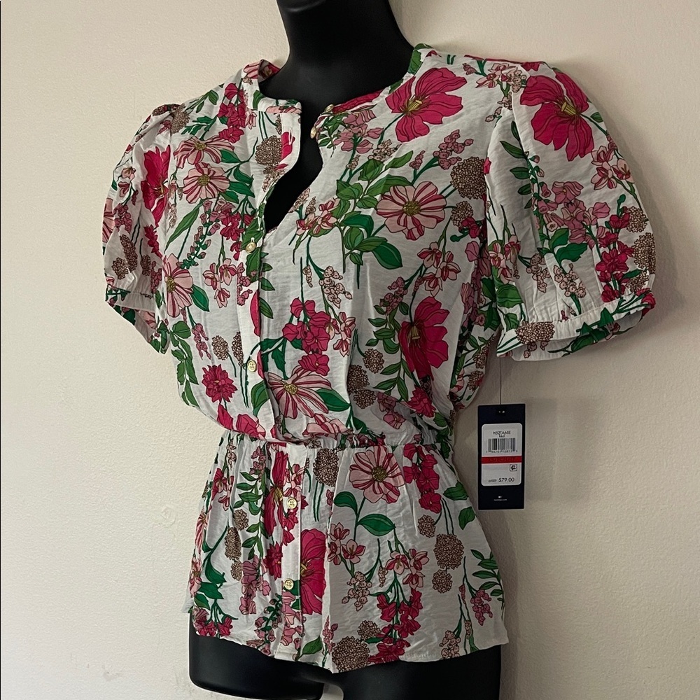 Tommy Hilfiger Floral Puff Sleeve Blouse - Pink and Green - Picture 6 of 12